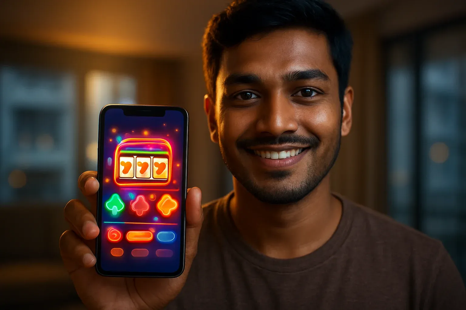 Young Bangladeshi man holding smartphone with glowing casino app interface