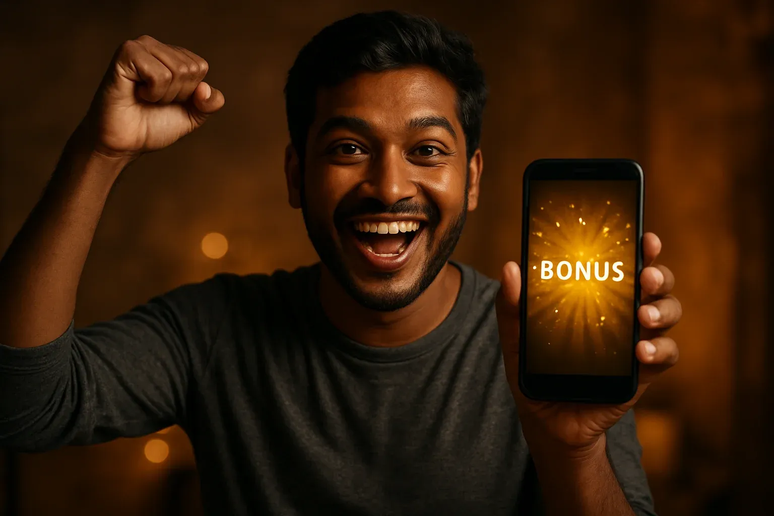 Joyful Bangladeshi man holding smartphone with glowing bonus notification and celebrating