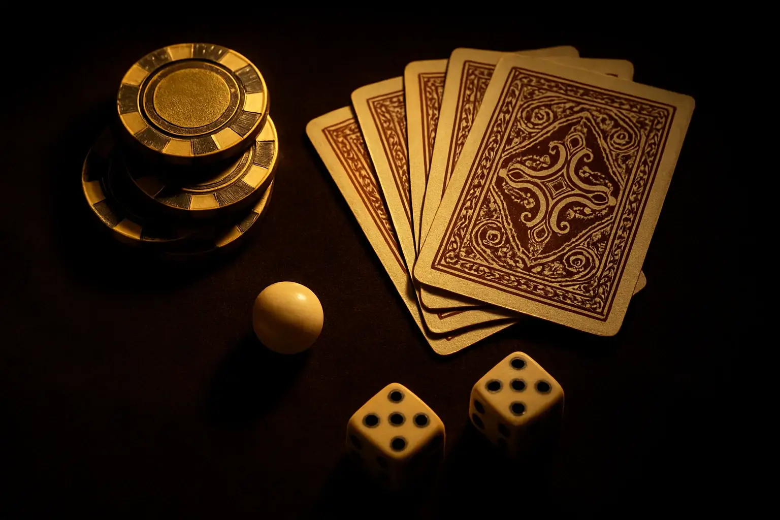 Top-down casino scene with chips, cards, dice, and roulette ball