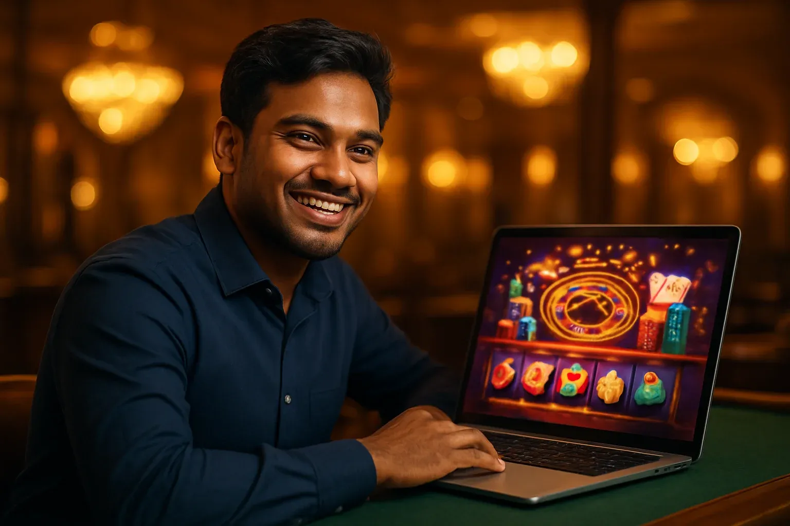 Cheerful Bangladeshi man with open laptop showing colorful casino interface