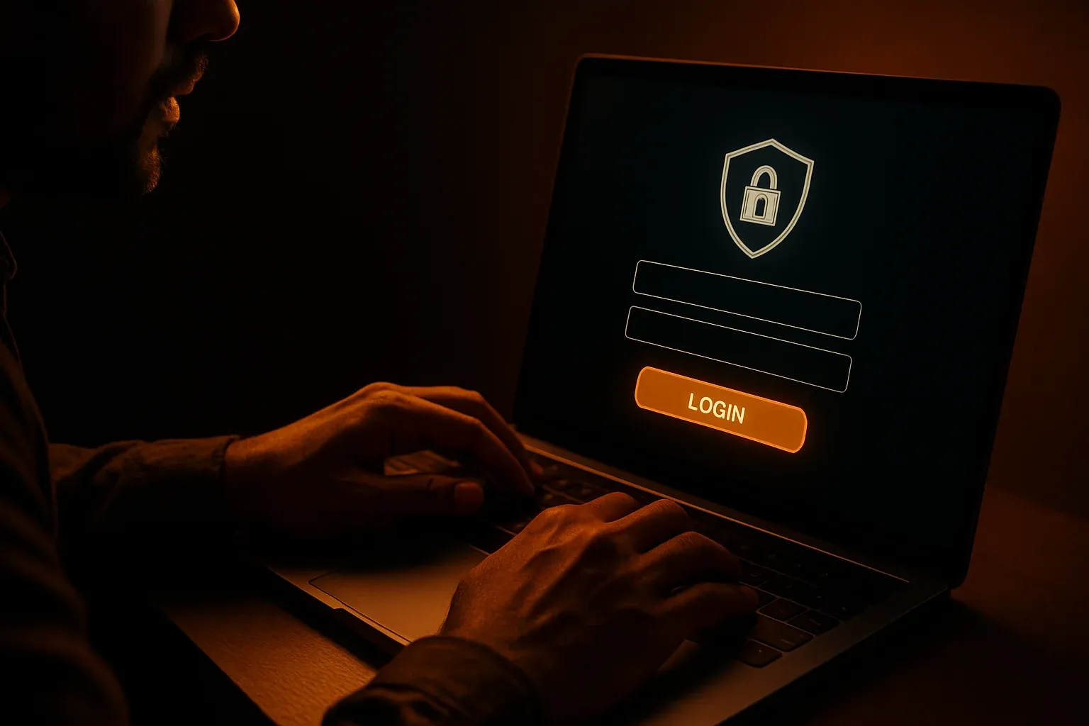 Bangladeshi man's hands on laptop showing stylized login form