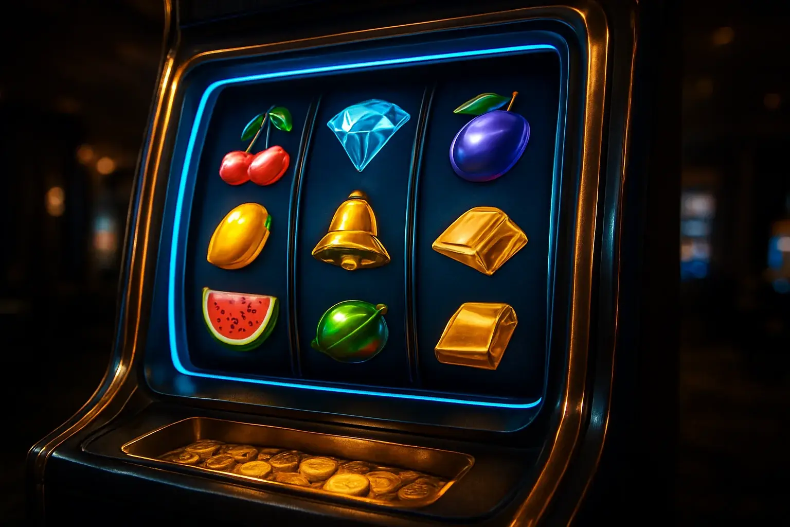 Hyperrealistic premium slot machine with glowing reels in luxury casino